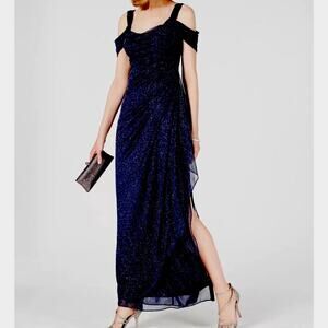 NWT$149 ALEX EVENINGS Cold-Shoulder Draped Metallic Gown size 14